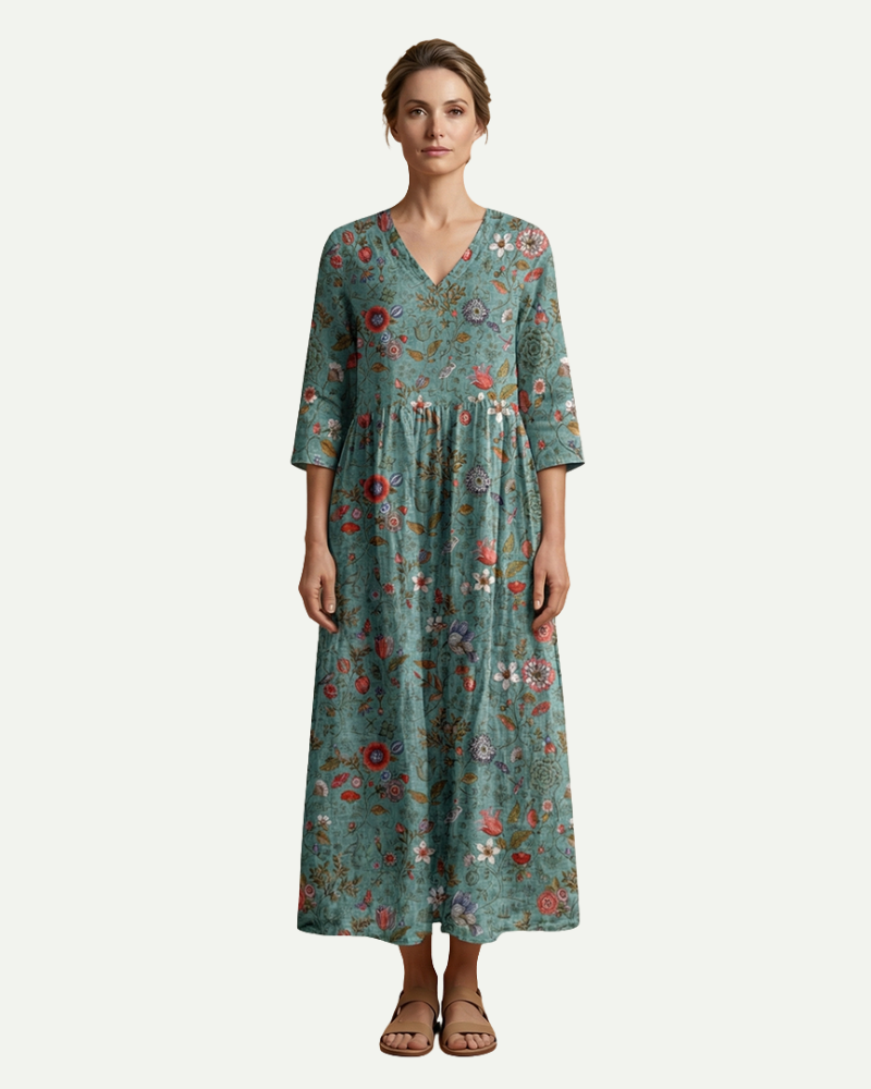 Émilie | Floral A-Line Midi Dress with Long Sleeves