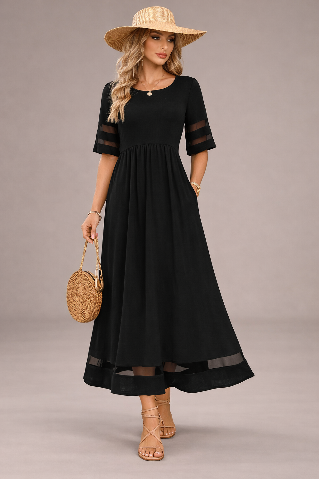 Black maxi dress women A line short sleeve summer outfit elegant flowing dress
