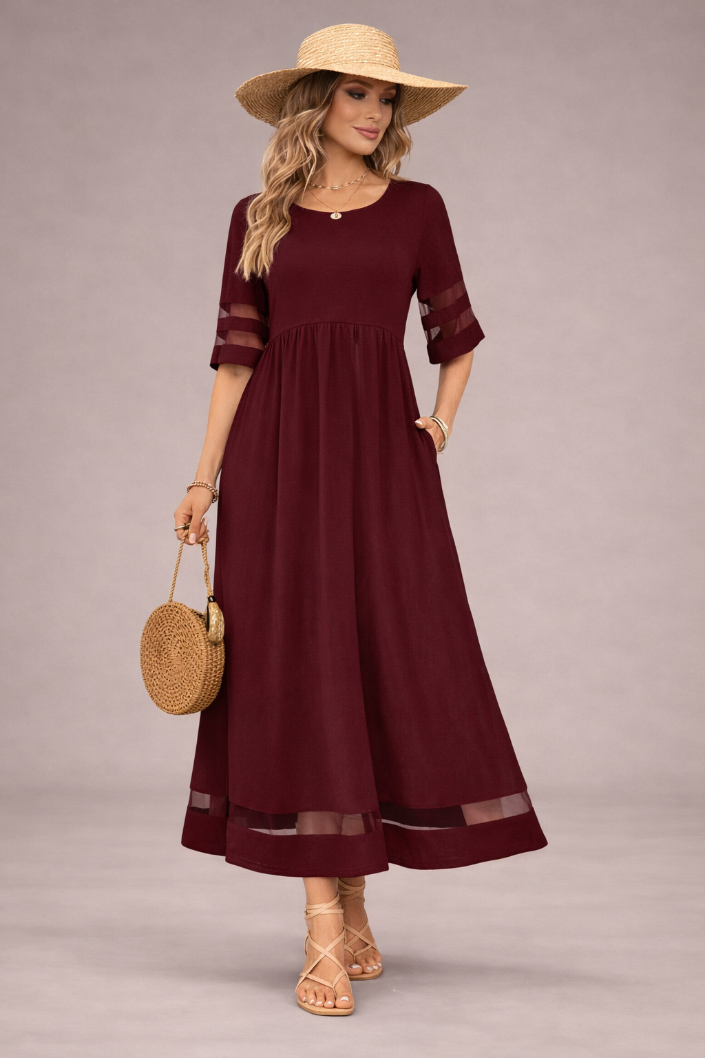 Red maxi dress women A line short sleeve flowing elegant summer dress
