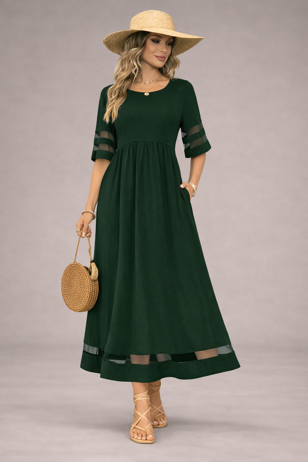 Green maxi dress women A line short sleeve flowing elegant summer dress
