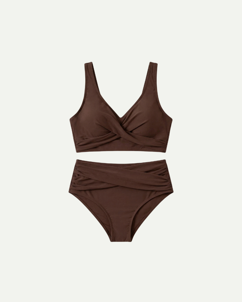 Brown high waisted bikini set women push up wrap top summer swimwear
