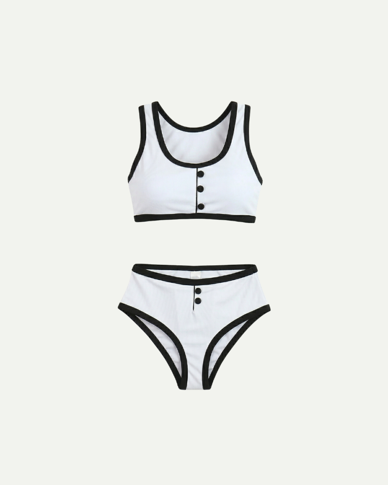 White ribbed high waisted bikini set women contrast trim two piece swimwear
