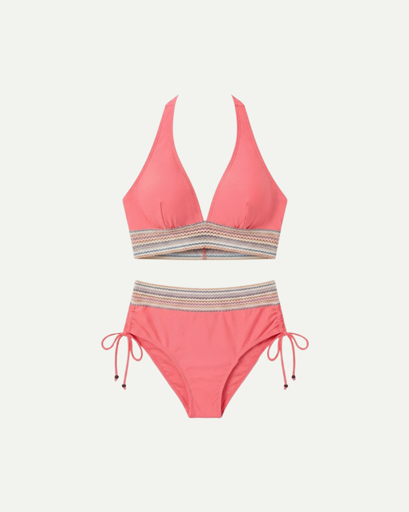 Pink high waisted bikini set women adjustable straps summer swimwear

