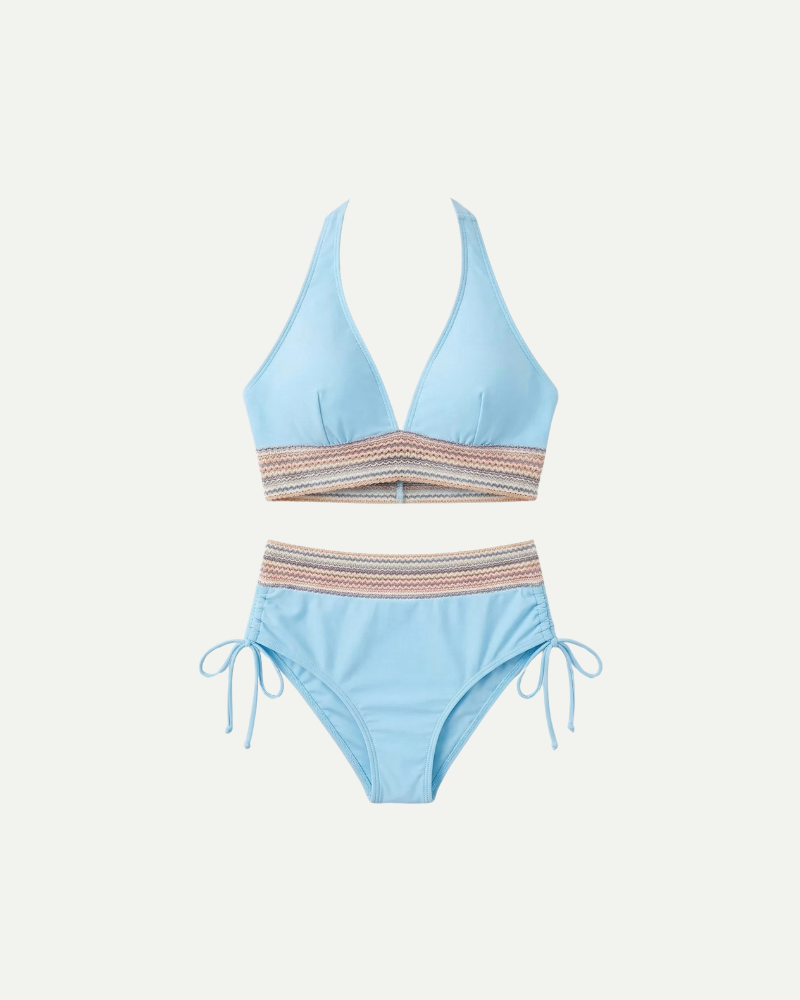 Light blue high waisted bikini set women adjustable straps summer swimwear
