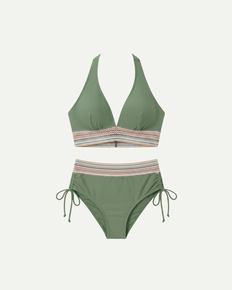 Green high waisted bikini set women adjustable straps summer swimwear
