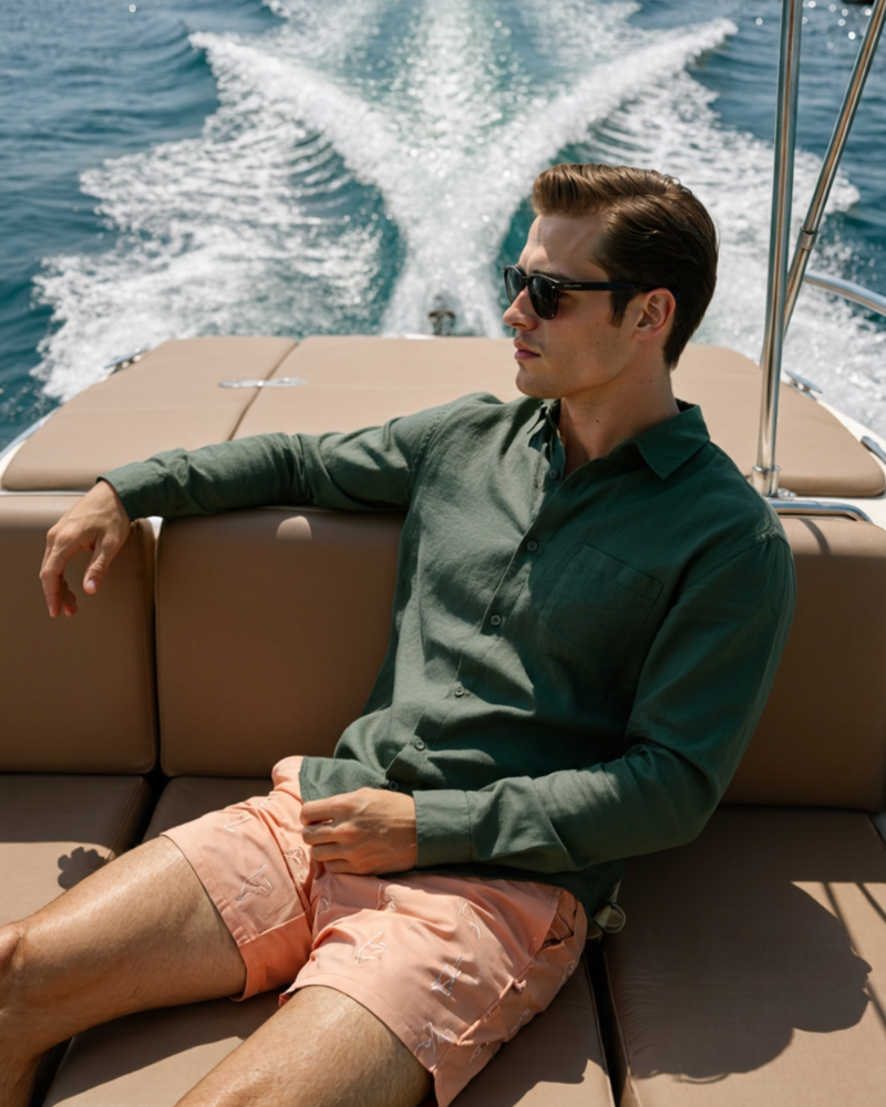 Green linen shirt men relaxed fit button up summer outfit on boat
