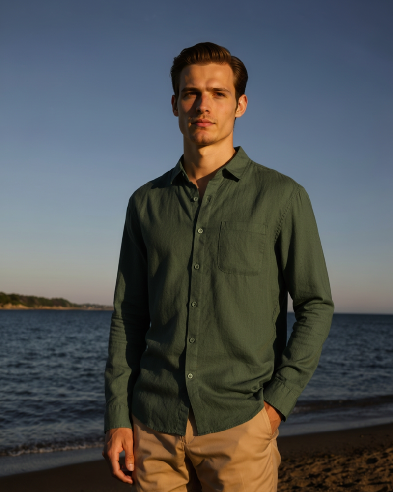 Dark green linen button up shirt men long sleeve breathable summer shirt