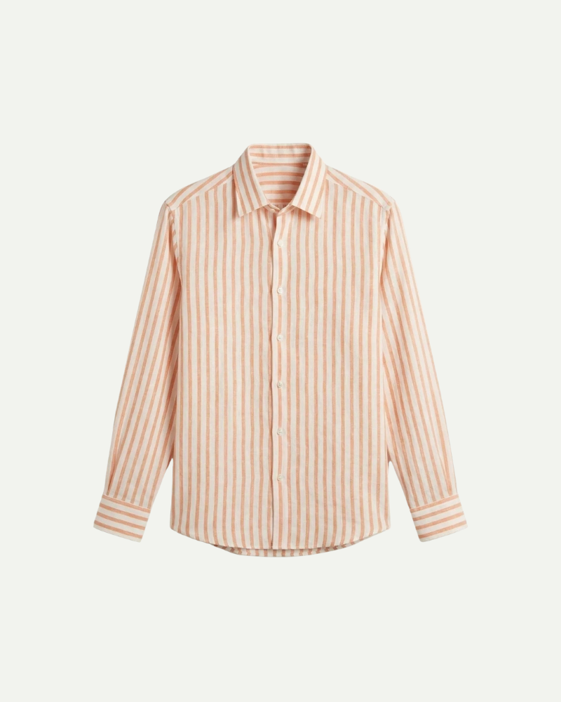 Orange striped linen button-up shirt for men, long sleeve, front view product image
