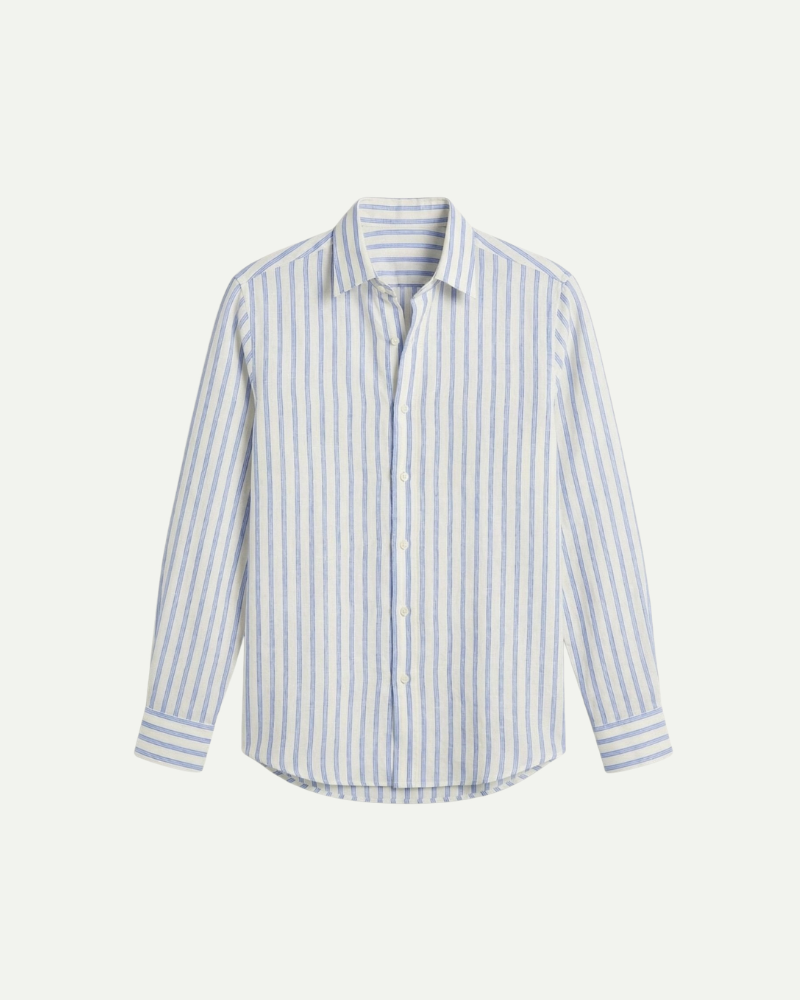 Blue striped linen button-up shirt for men, long sleeve, front view product image
