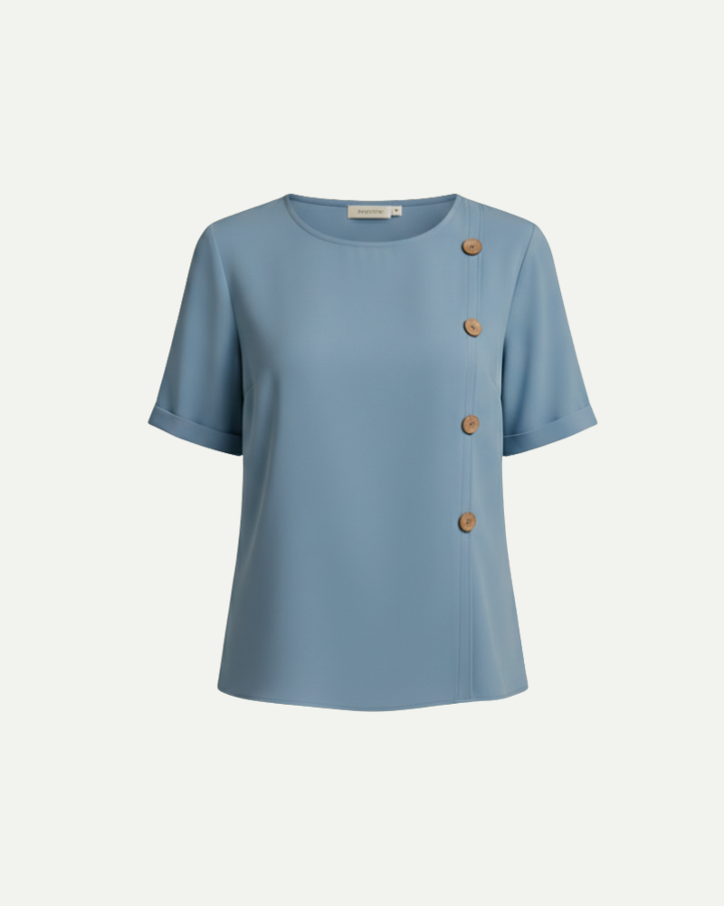 light blue loose short sleeve blouse women button detail product shot front Lubomirske

