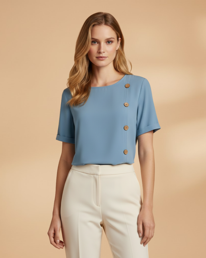 female model wearing light blue loose blouse short sleeve front view breathable fit Lubomirske
