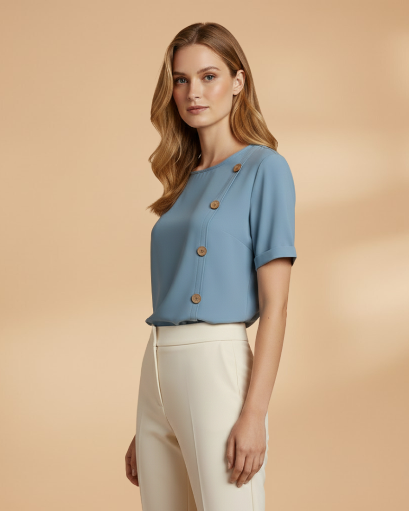 female model wearing light blue loose blouse side profile Lubomirske
