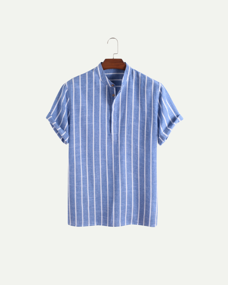 Blue and white striped linen polo shirt on a hanger against a white background