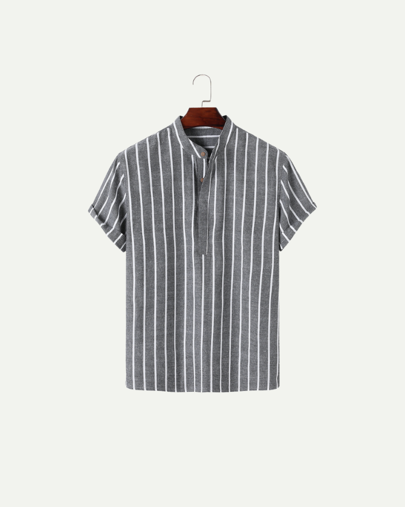 Striped short-sleeve linen polo shirt on a hanger against a white background