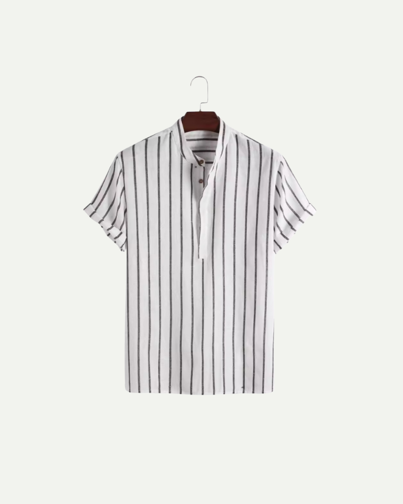 Striped linen polo shirt on a hanger against a white background
