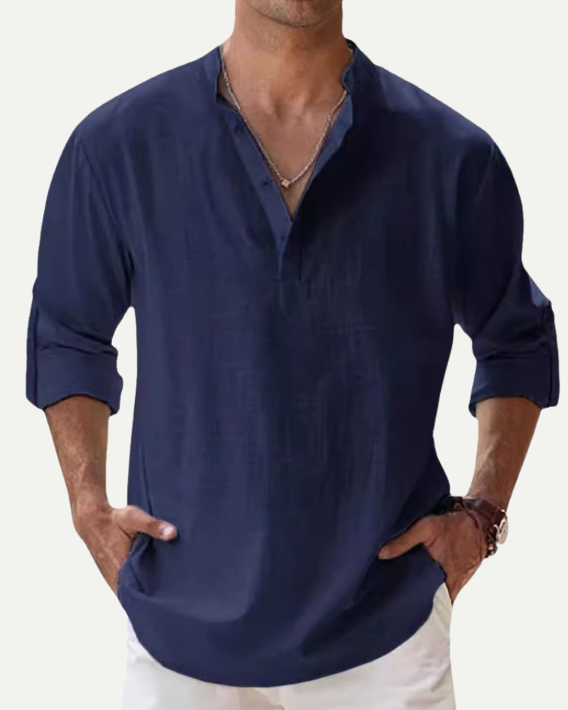 Men’s navy linen pullover shirt relaxed fit worn on model