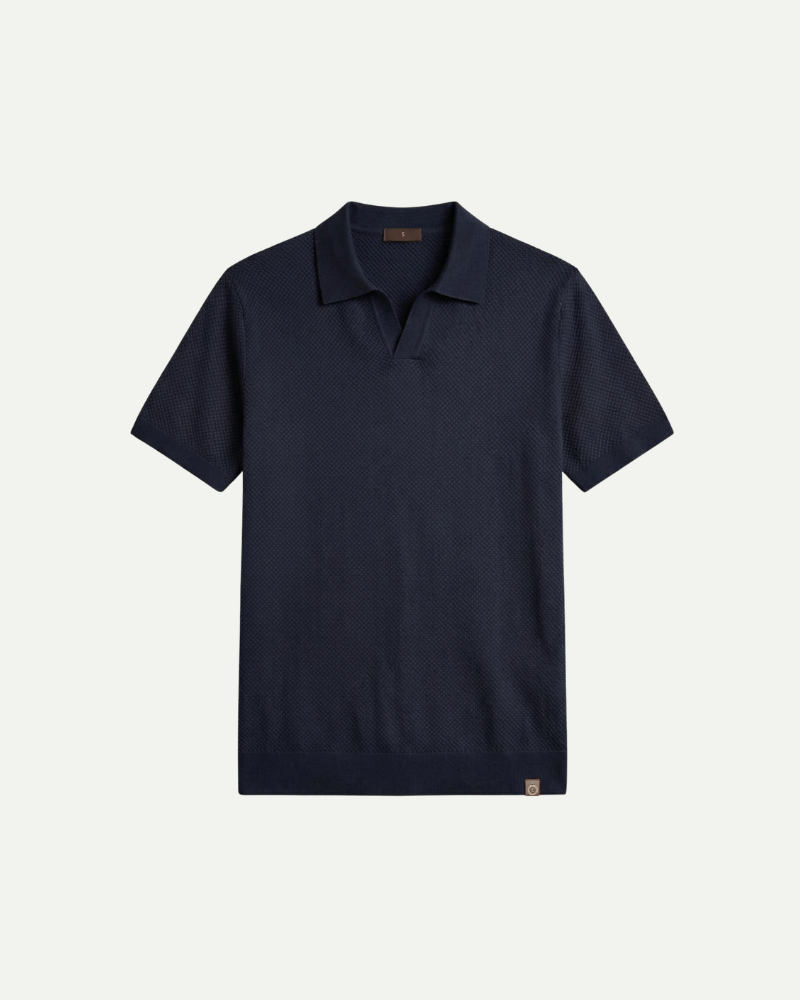 Men’s dark navy knit polo shirt short sleeve relaxed fit front view