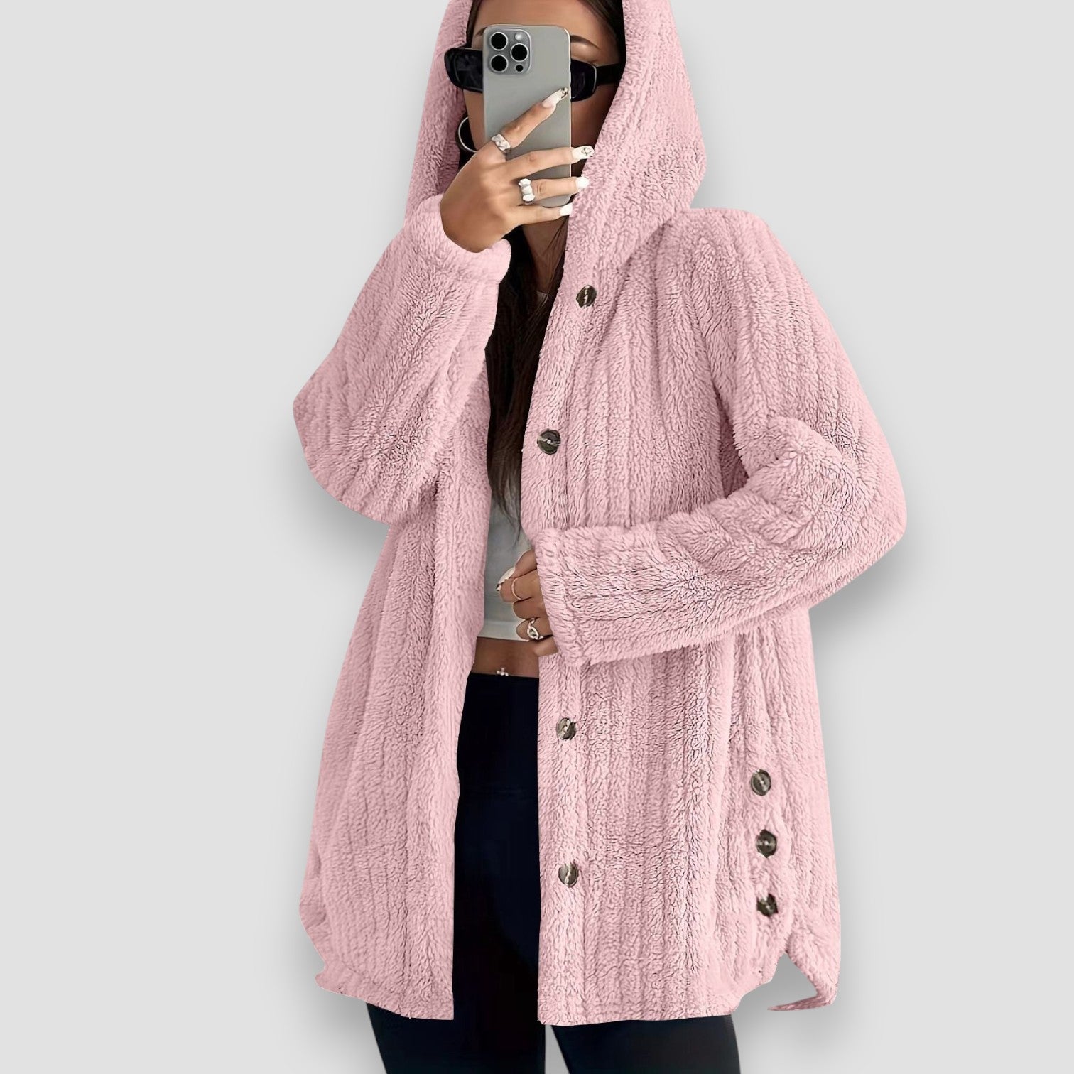Women's hooded knit cardigan — studio view 2, Aveloire