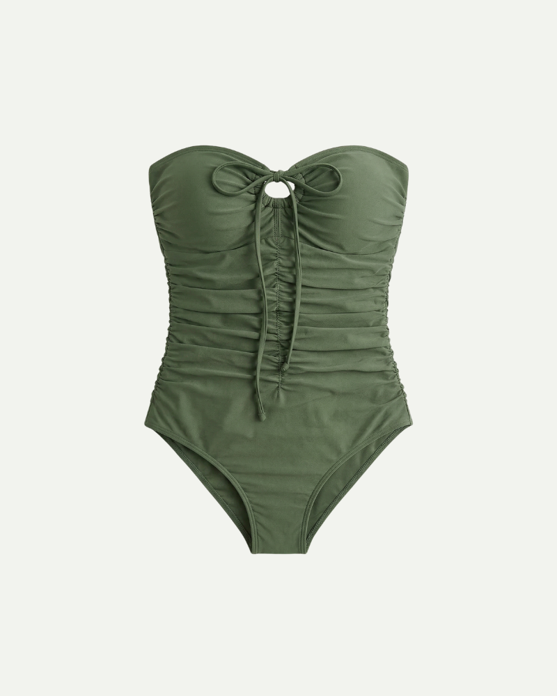 Green strapless one piece swimsuit women ruched front tie summer swimwear
