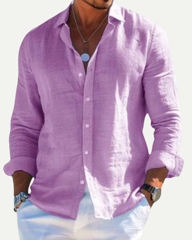 Purple men long sleeve button up shirt relaxed fit lightweight cotton blend shirt