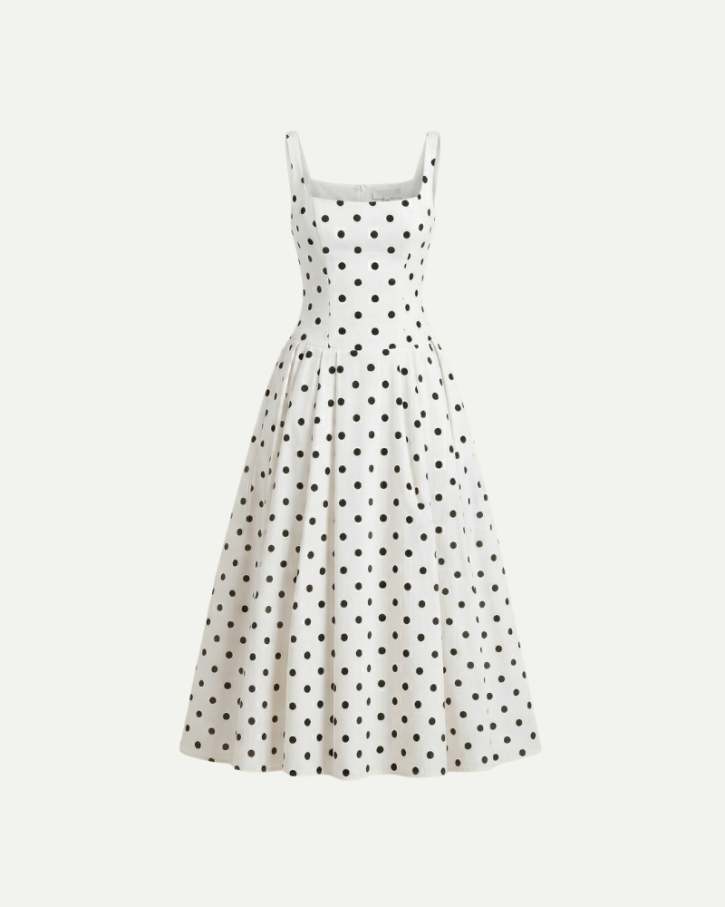 White polka dot midi dress women A line sleeveless elegant flowing summer dress
