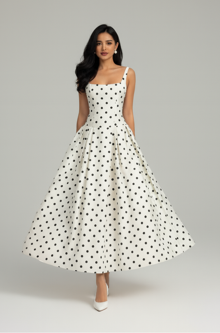 White polka dot midi dress women A line sleeveless fitted bodice flowing skirt
