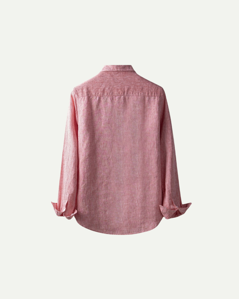 Red linen button-up shirt for men, long sleeve, back view product image
