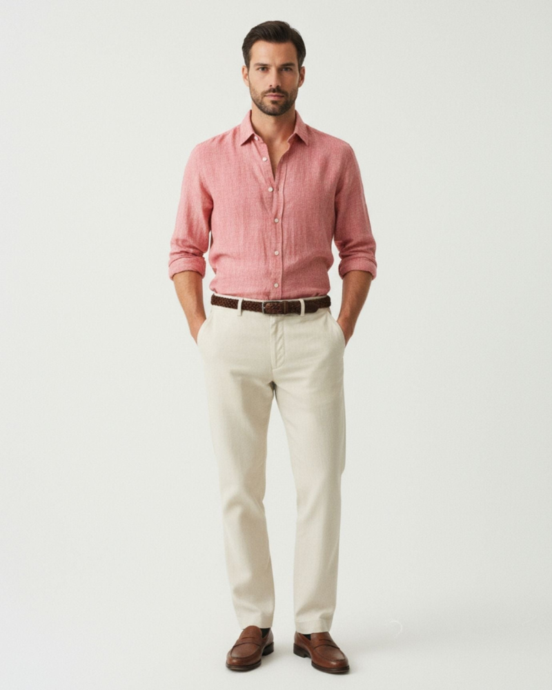 Male model wearing a red linen button-up shirt with long sleeves and beige trousers
