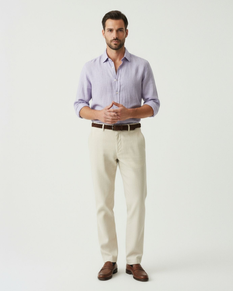 Male model wearing a light purple linen button-up shirt styled in a smart-casual look
