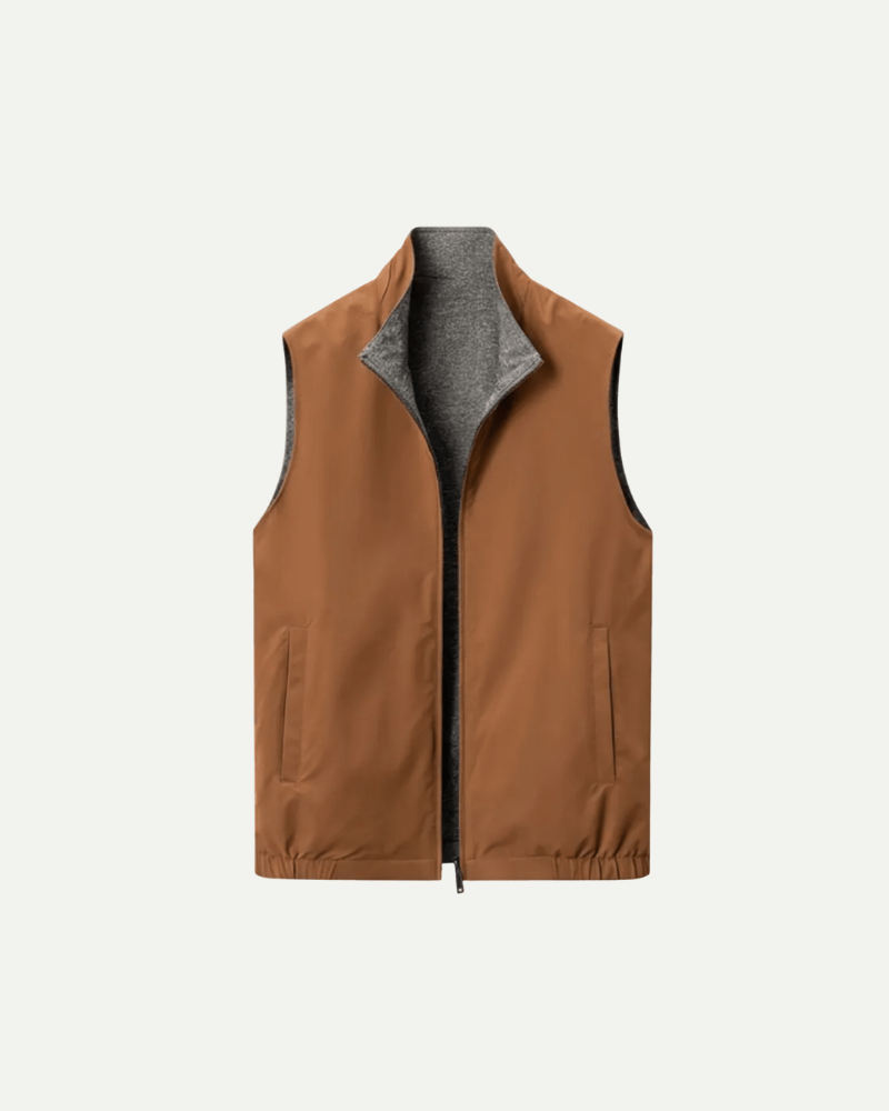 Brown reversible zip-up vest for men with stand collar, front view product image
