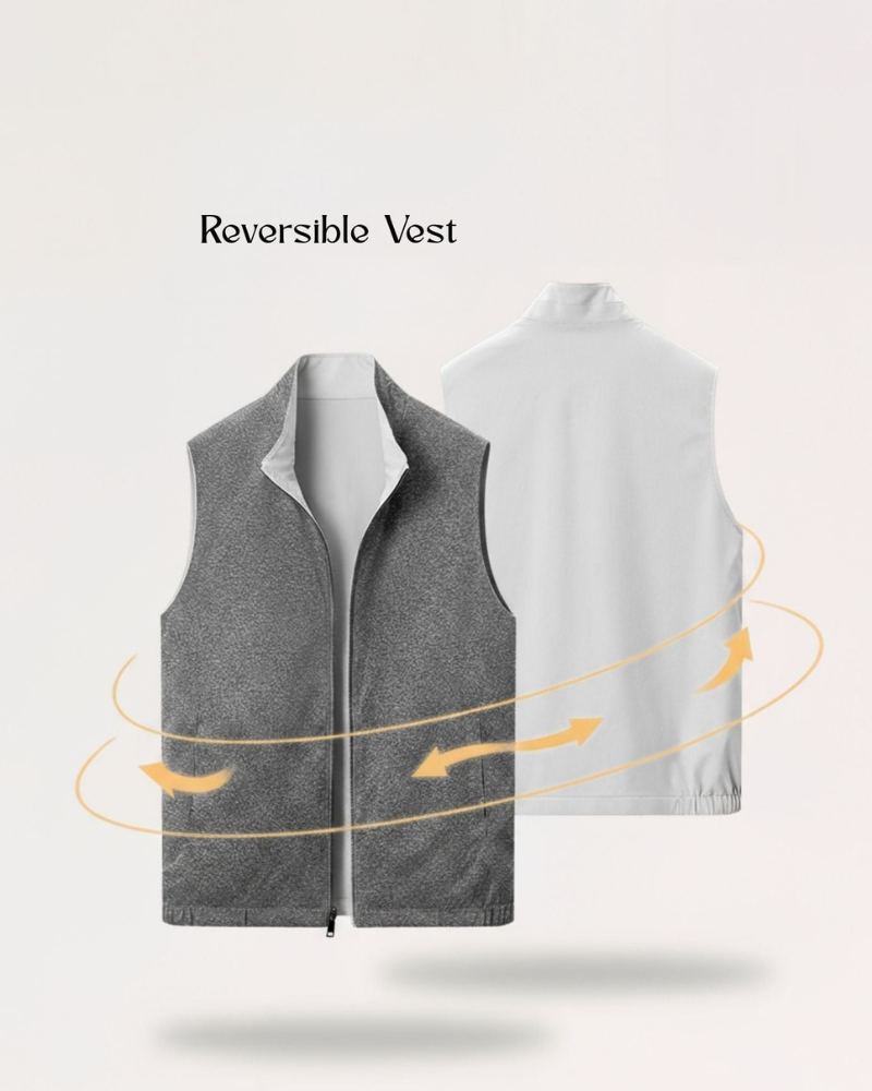 Reversible vest demonstration showing both sides of the men's zip-up gilet
