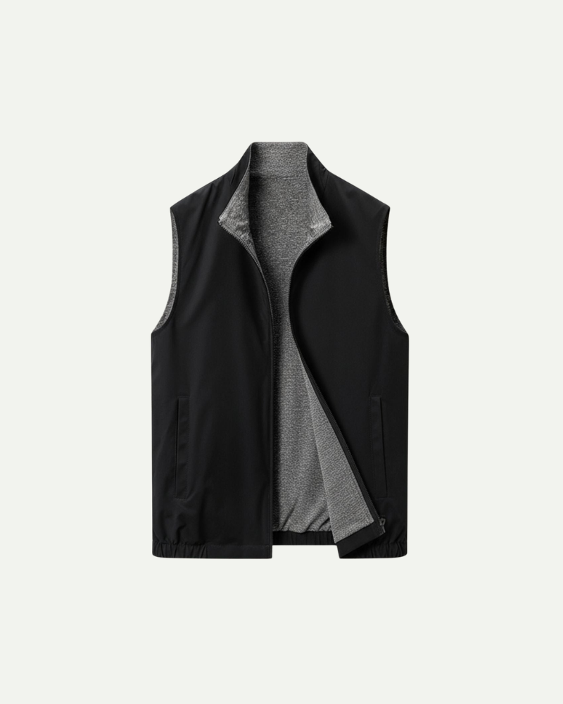 Black reversible zip-up vest for men with stand collar, front view product image
