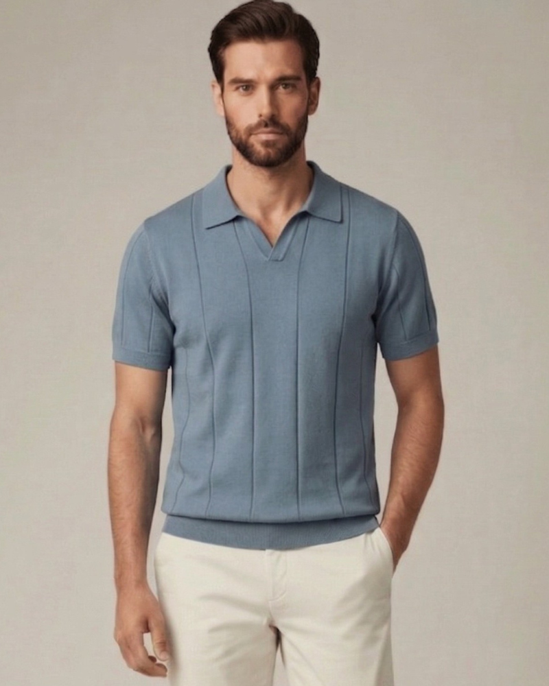 man wearing Light blue ribbed knit polo shirt men smart casual summer outfit
