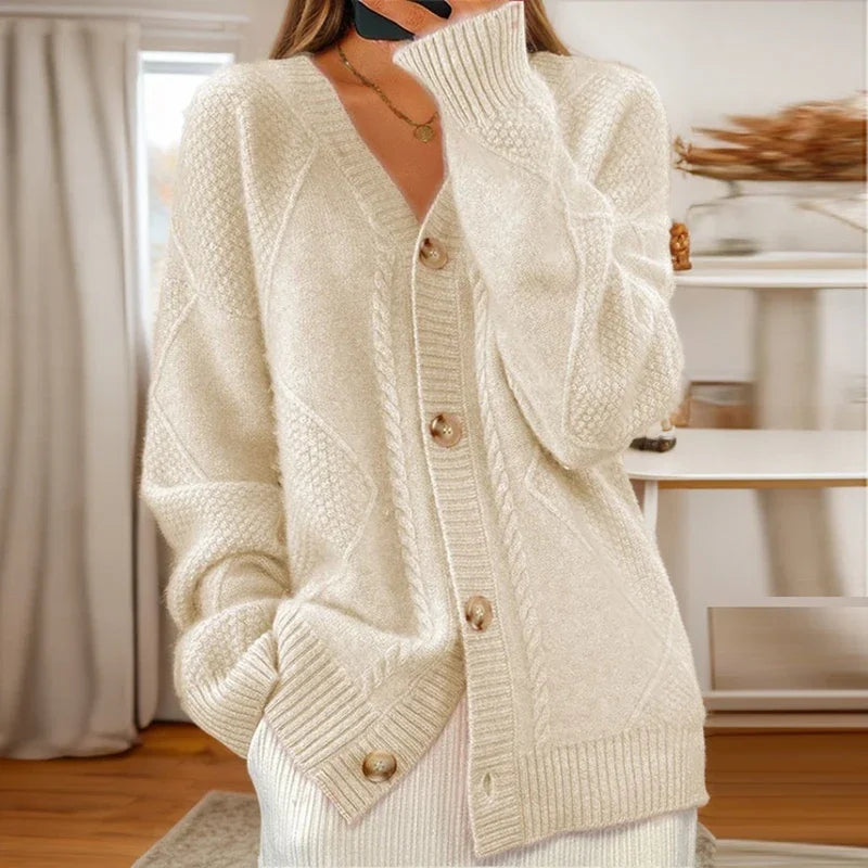 Women's cable knit cardigan — studio view 2, Aveloire