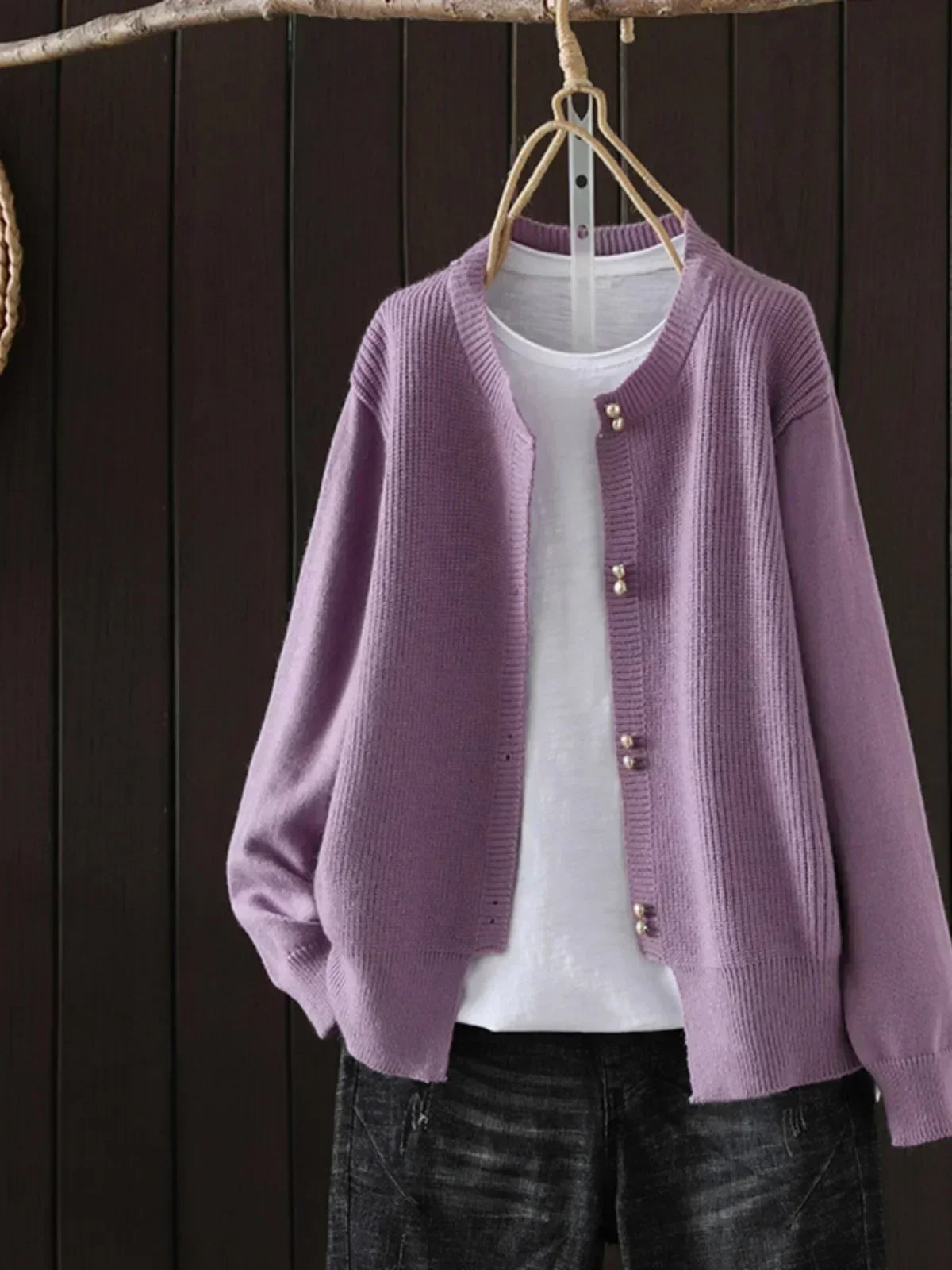 Women's round neck knit cardigan — studio view 4, Aveloire