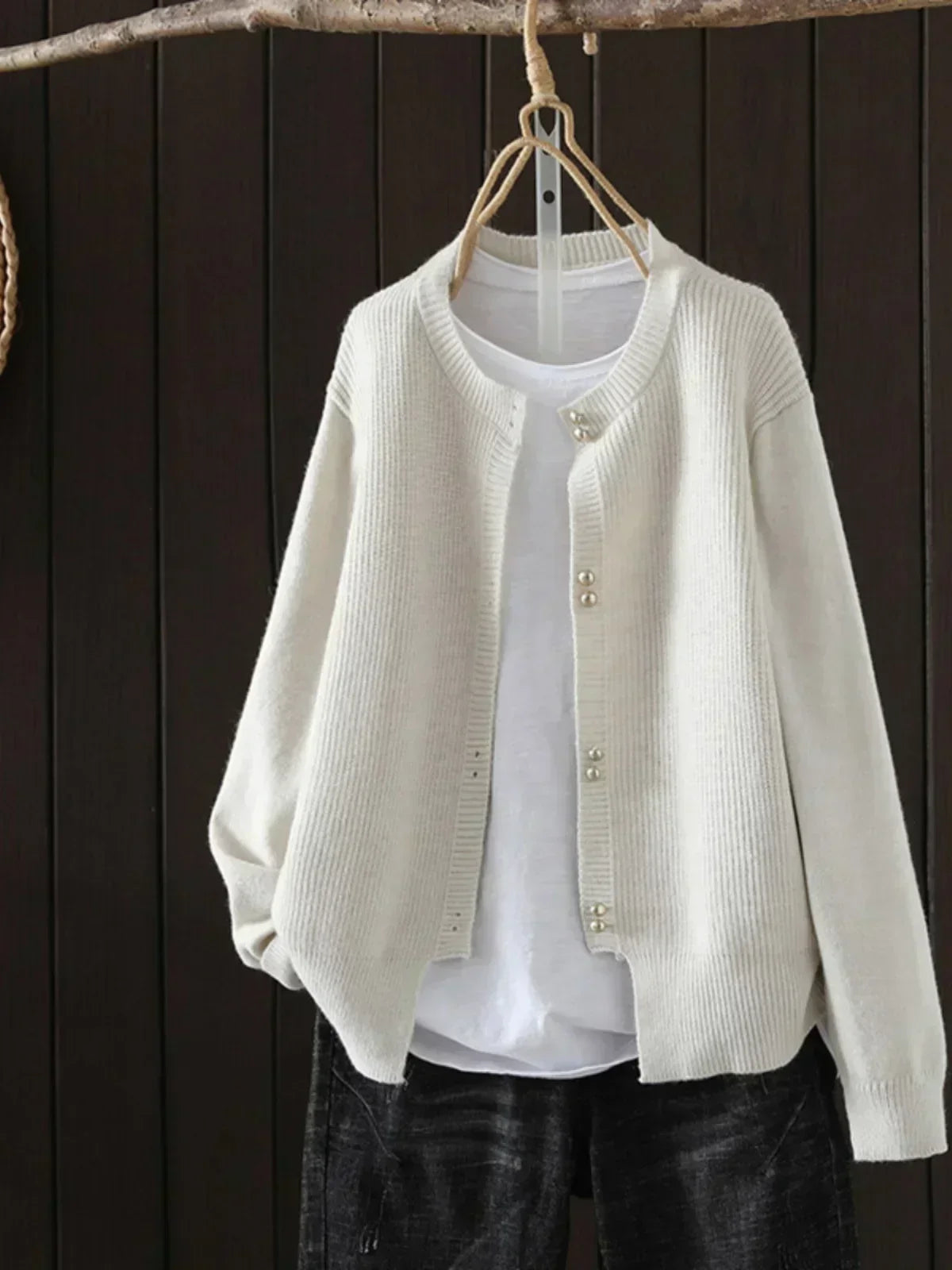 Women's round neck knit cardigan — studio view 5, Aveloire