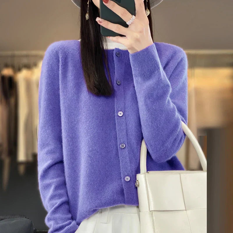 Women's round neck button cardigan — studio view 2, Aveloire