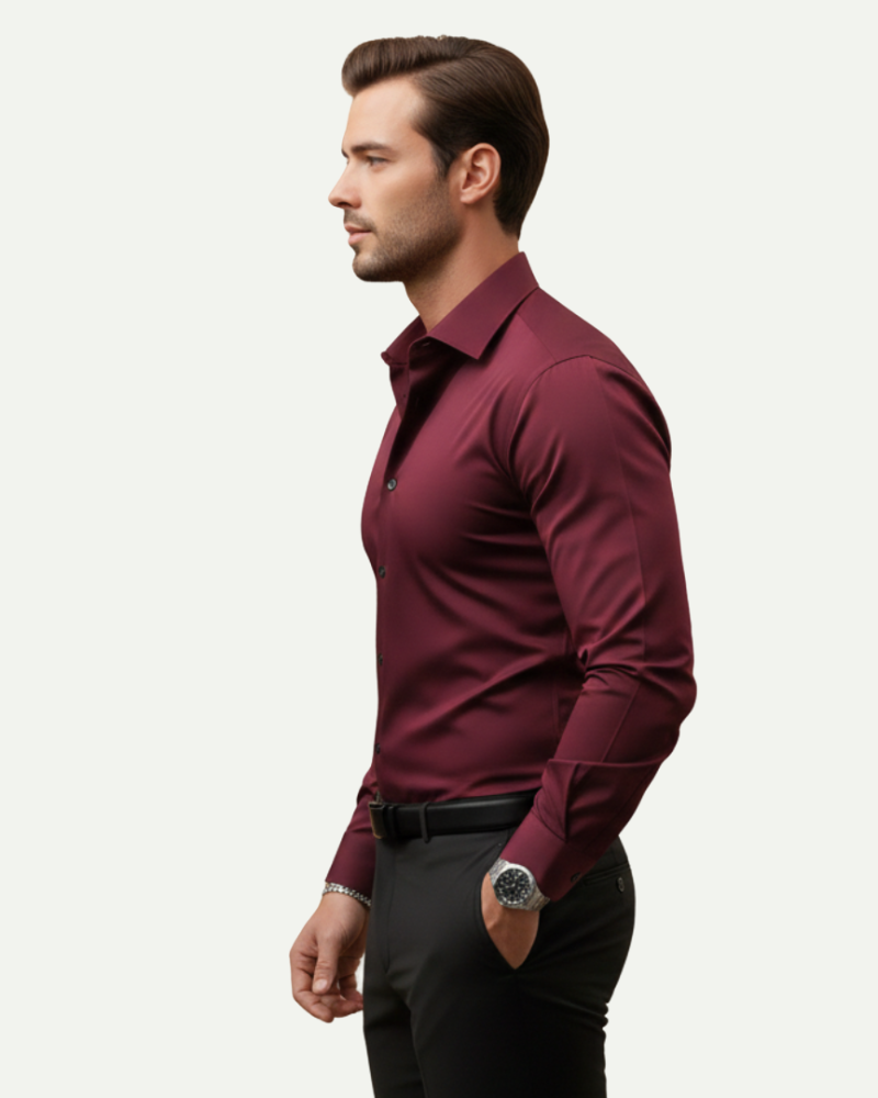 male model wearing burgundy slim fit dress shirt angled pose formal look Lubomirske
