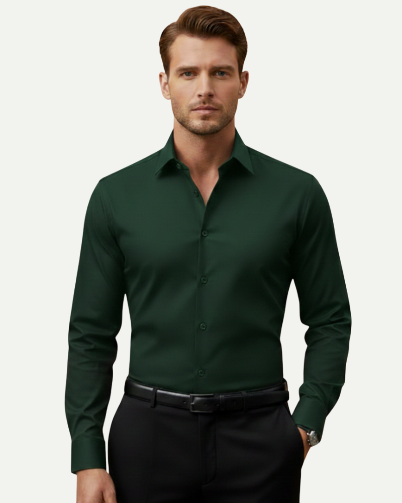 male model wearing dark green slim fit dress shirt Lubomirske
