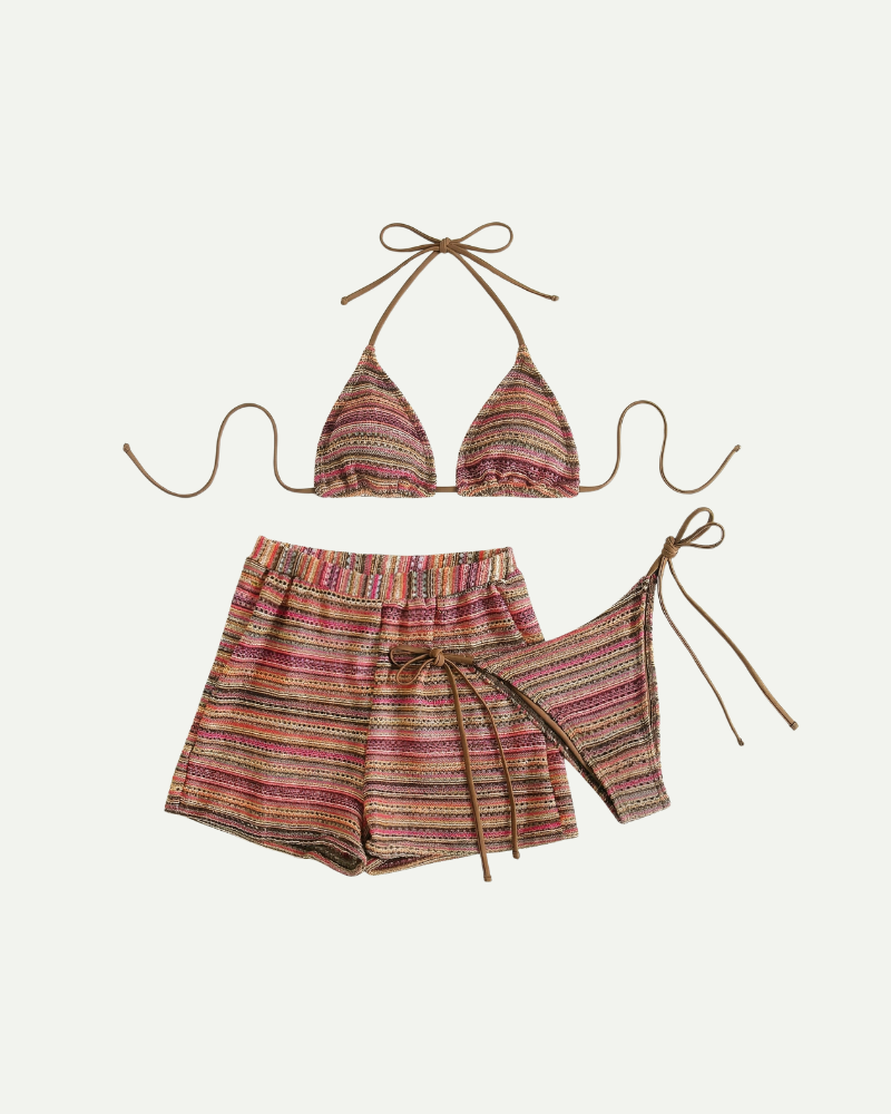 Striped three piece bikini set women halter top with shorts summer beach set
