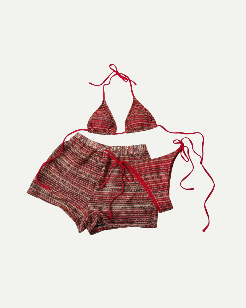 Red striped three piece bikini set women halter with shorts summer beach set
