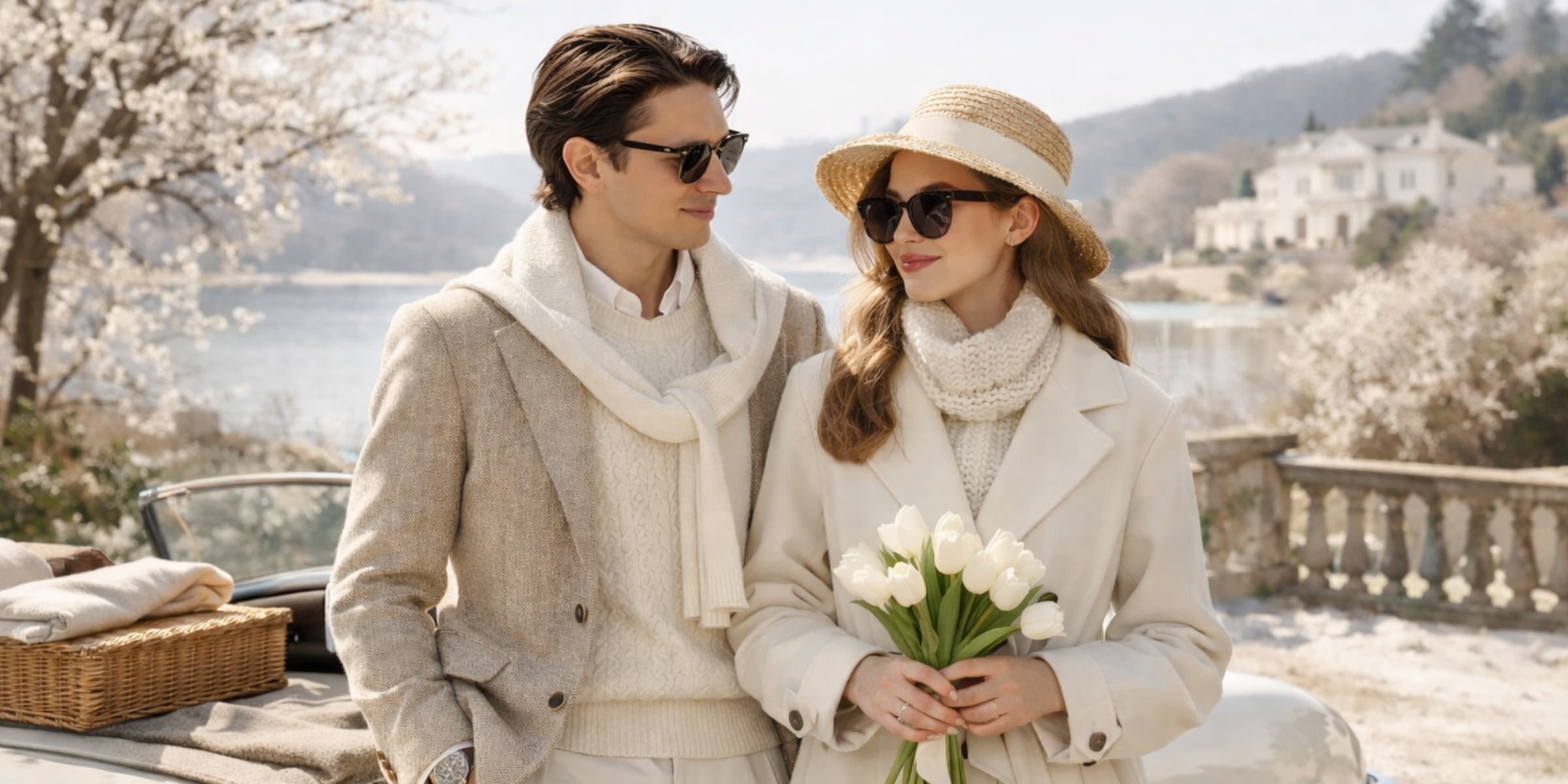 Couple in light clothing with a woman holding tulips, sitting by a scenic lakeside.