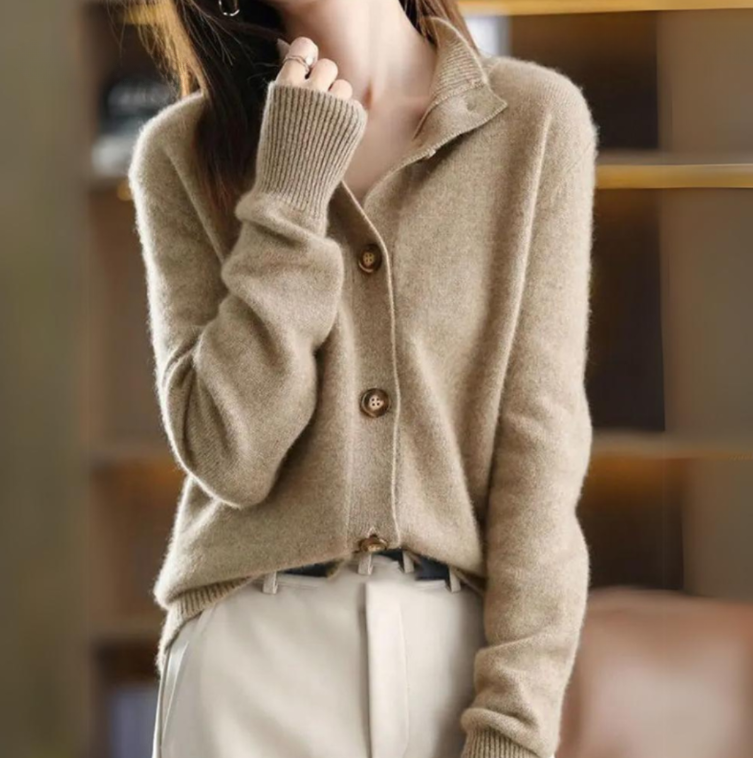 Women's stand collar knit cardigan — studio view 2, Aveloire