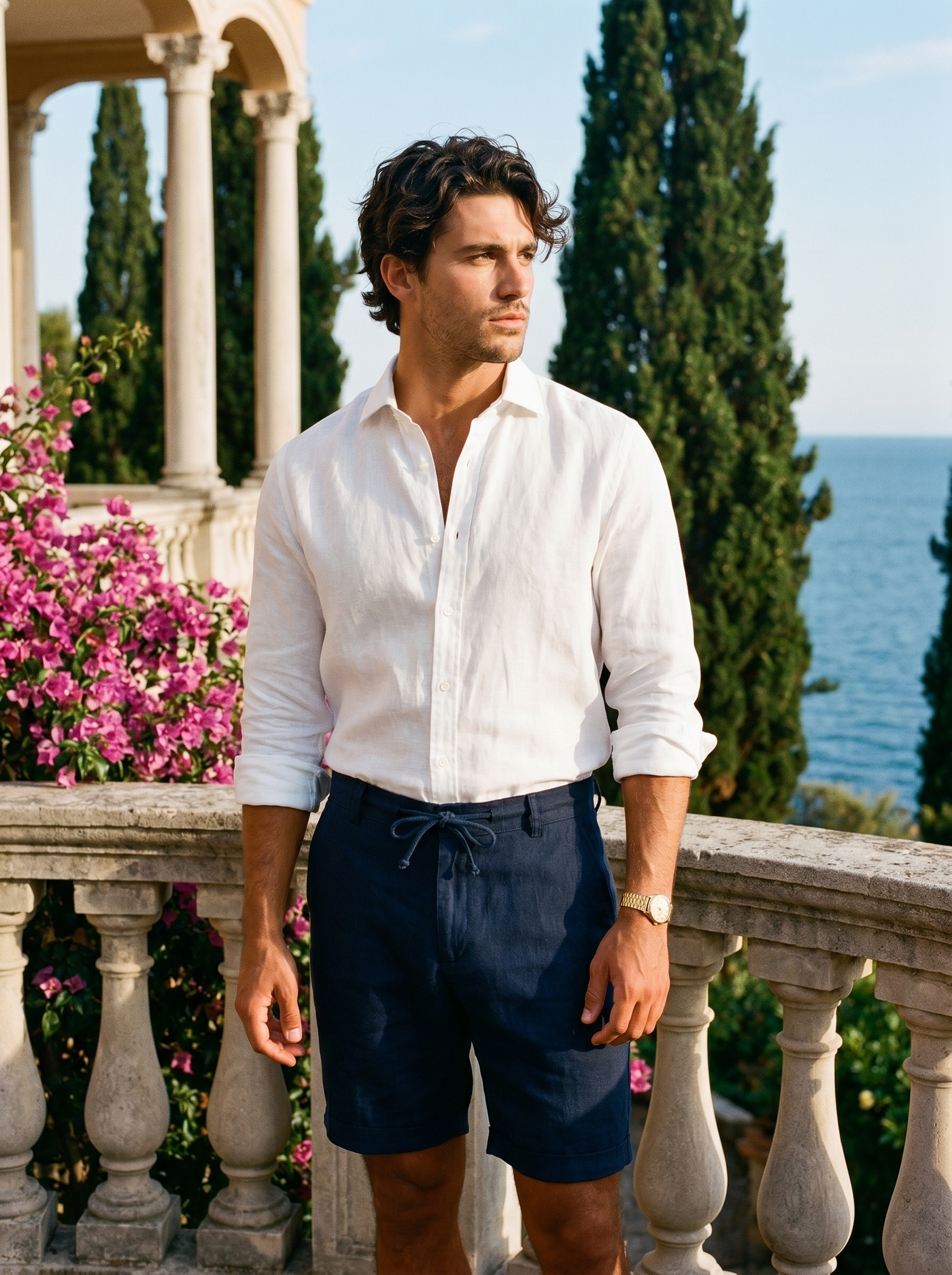 Men's midnight navy linen shorts with belt loops and button closure — Aveloire Lucien
