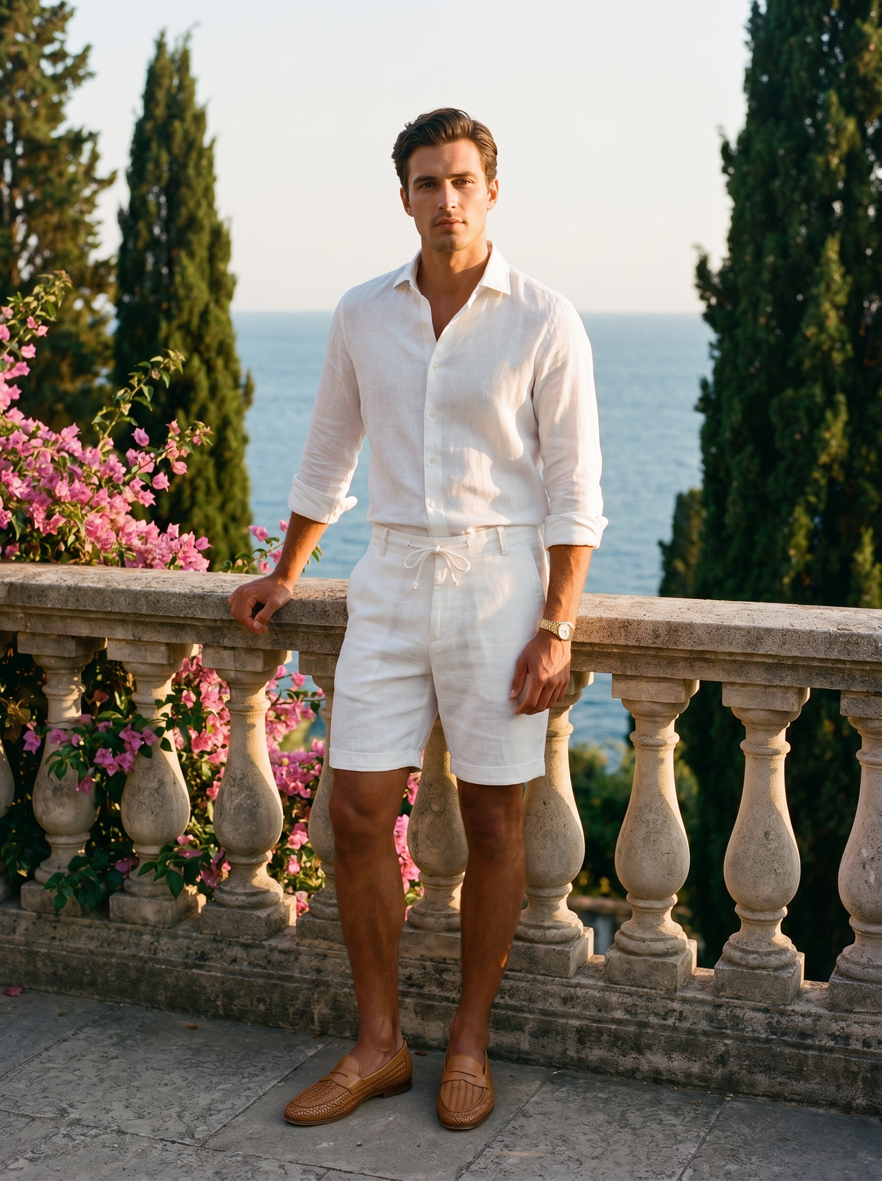 Men's white linen shorts above the knee, full body — Aveloire Lucien