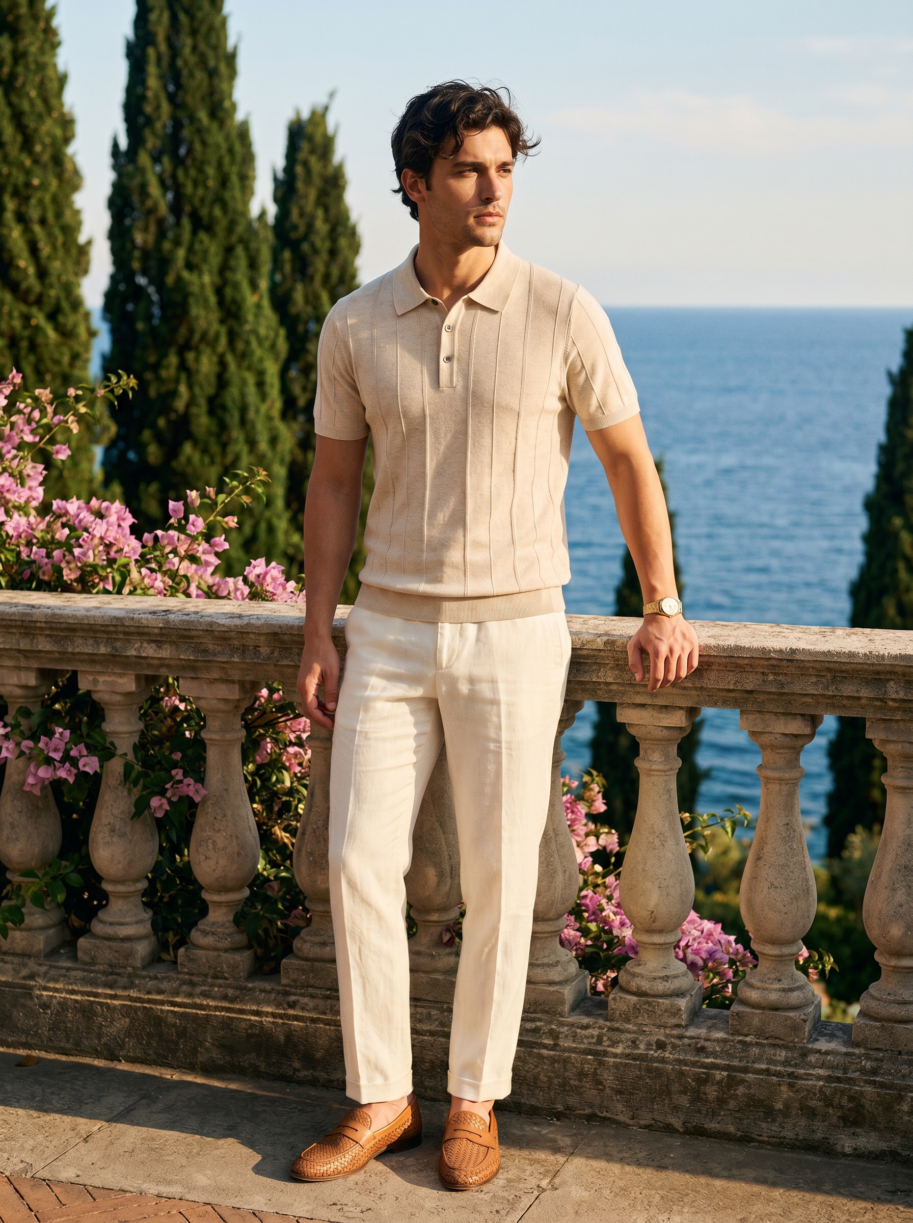 Men's beige linen-blend ribbed knit polo, full body — Aveloire Sébastien