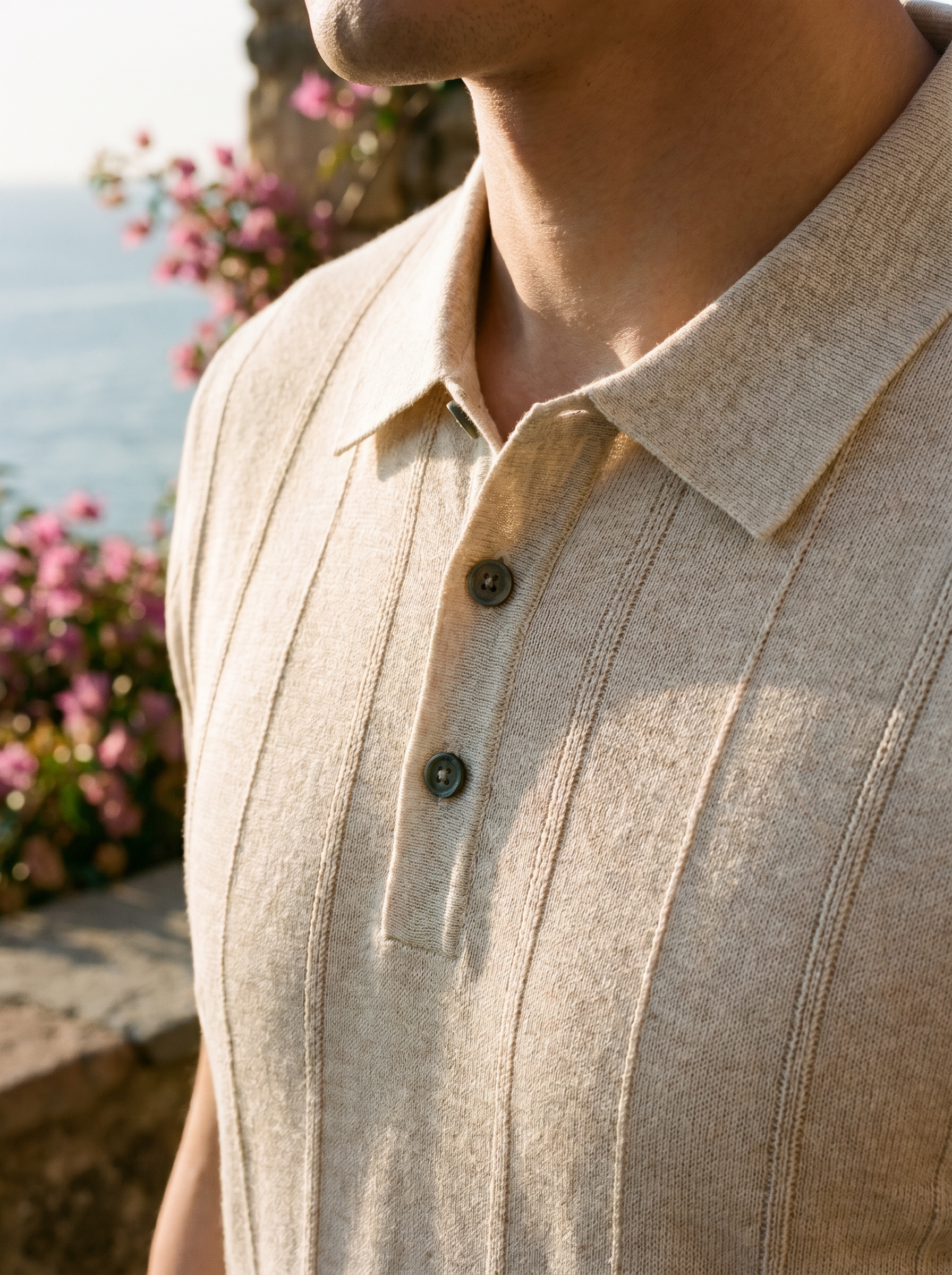 Men's beige linen-blend knit polo, ribbed jacquard texture detail — Aveloire Sébastien