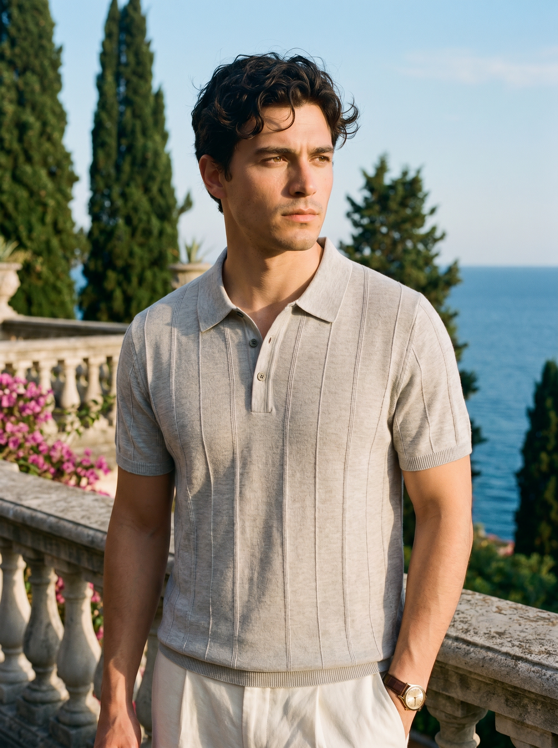 Men's light gray linen-blend ribbed knit polo with lapel collar — Aveloire Sébastien