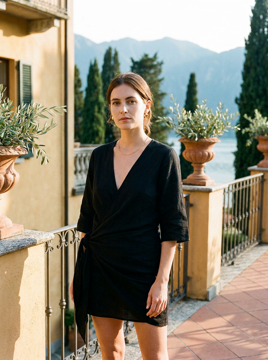 Women's black cotton-linen wrap mini dress with V-neck and 3/4 sleeves — Aveloire Sérène