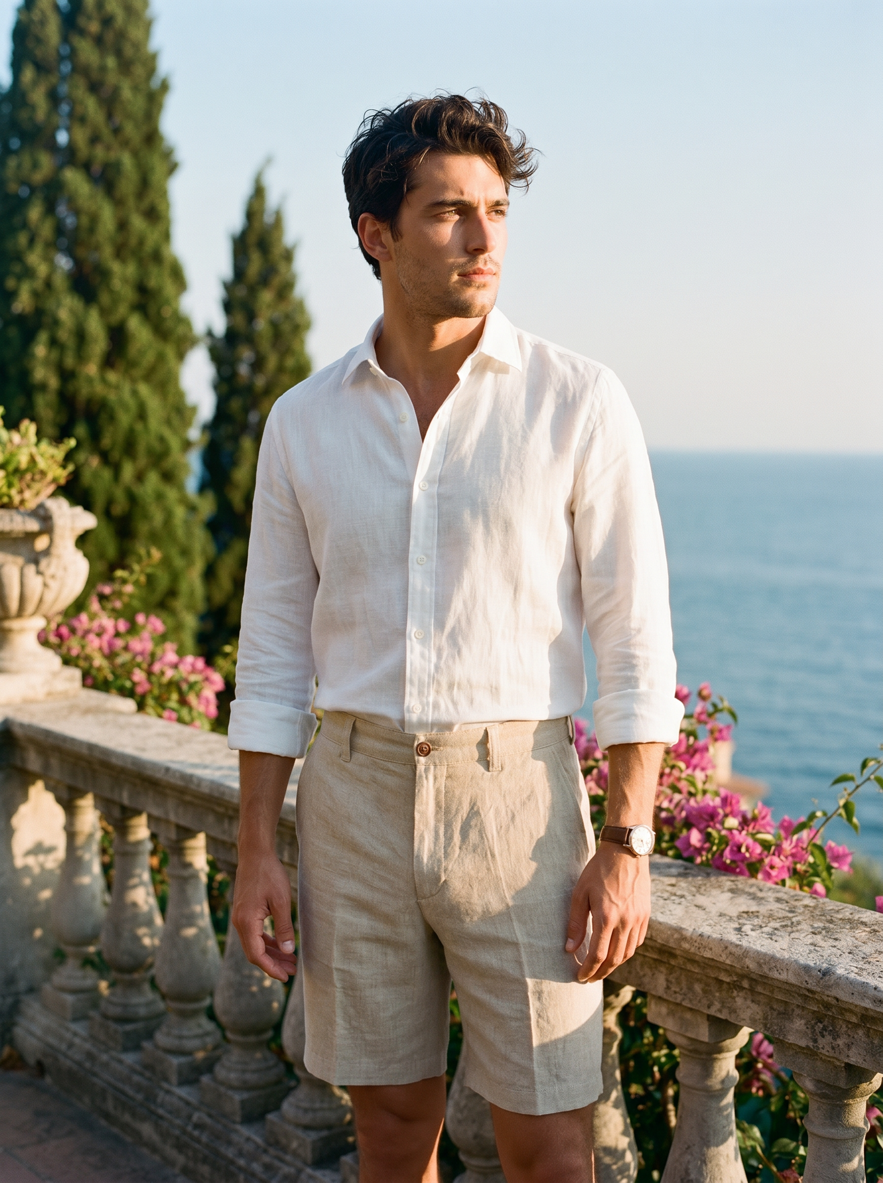 Men's khaki linen shorts above the knee with button waistband — Aveloire Théodore